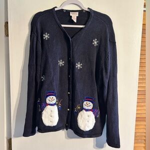 Vintage Cotton Blend Navy Snowman Button up Winter Cardigan